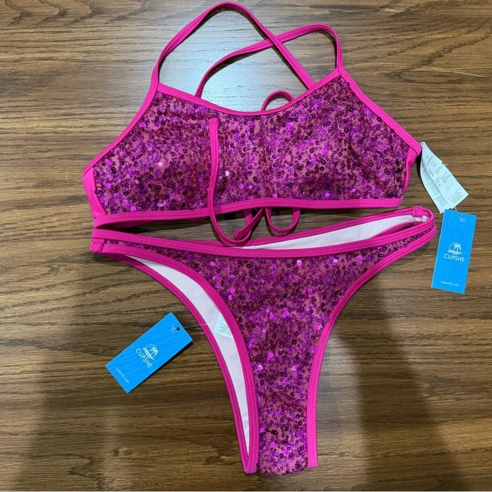 Cupshe Fuchsia Sequin Two-Piece Bikini